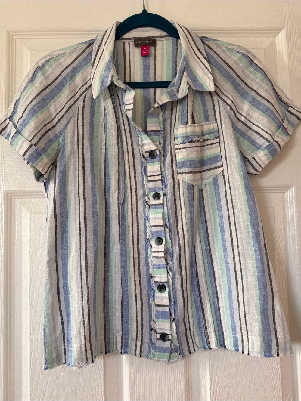 Vince Camuto Striped Linen Collared Short Sleeve Raw Edge Blouse XS